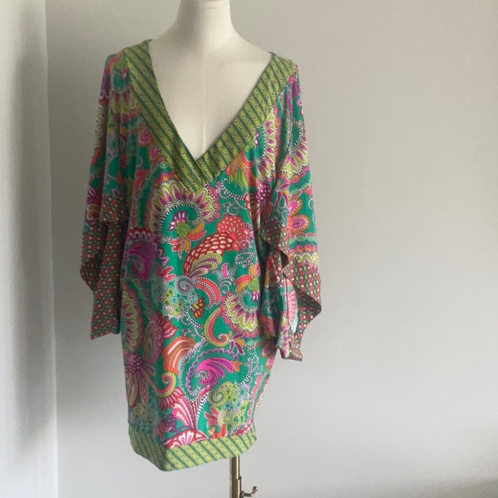 TRINA TURK Vibrant Multicolor V-Neck Beach Dress sz L